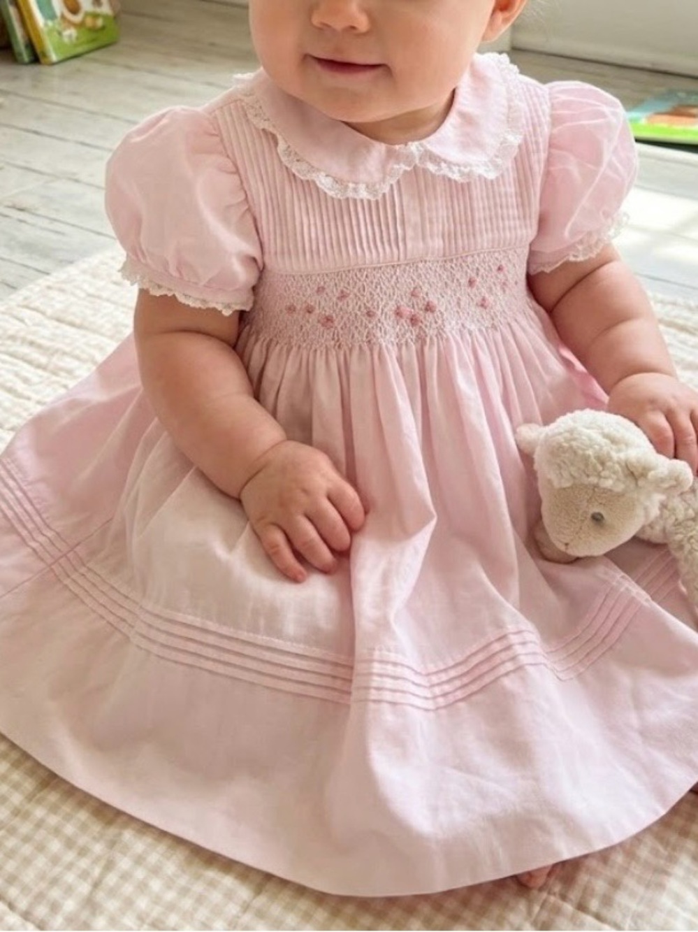 Felfman Bros Pale Pink Smocked  Dress with Lace Collar for baby size 6M vintage